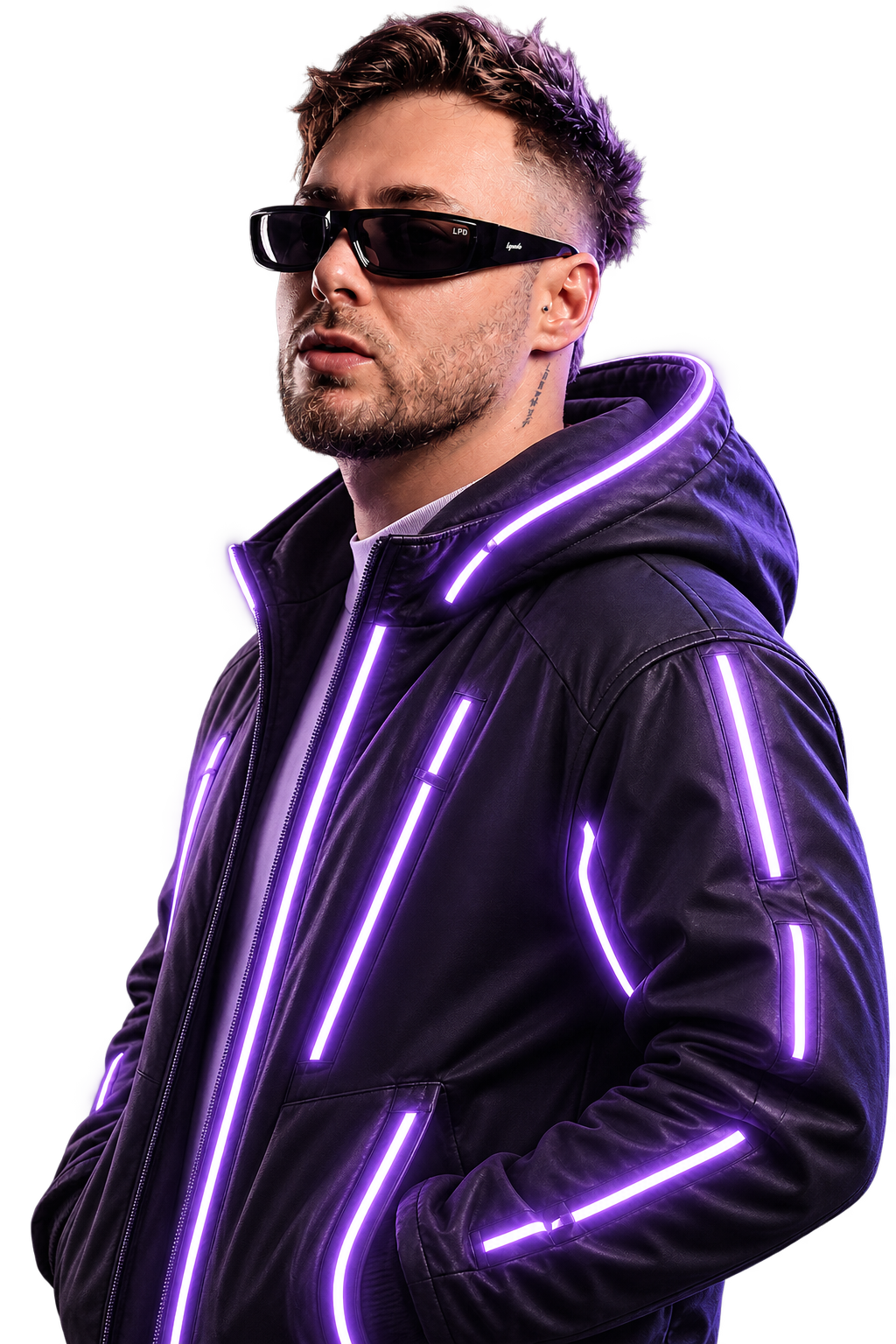 Produtor com jaqueta de LED roxo