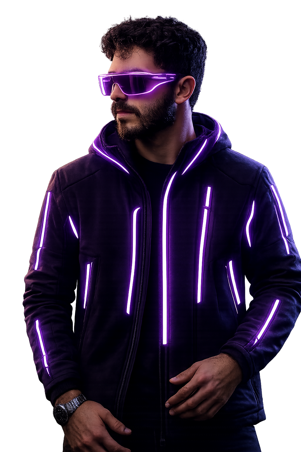 Luan, instrutor da Casa dos Funks, com jaqueta de LED roxo